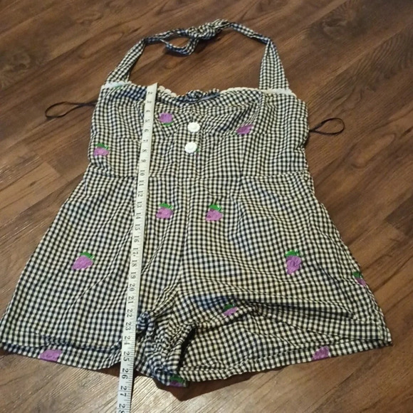 Timeless London ModCloth Black Gingham Embroidered Grape Halter Shorts Romper A7 - Picture 2 of 6